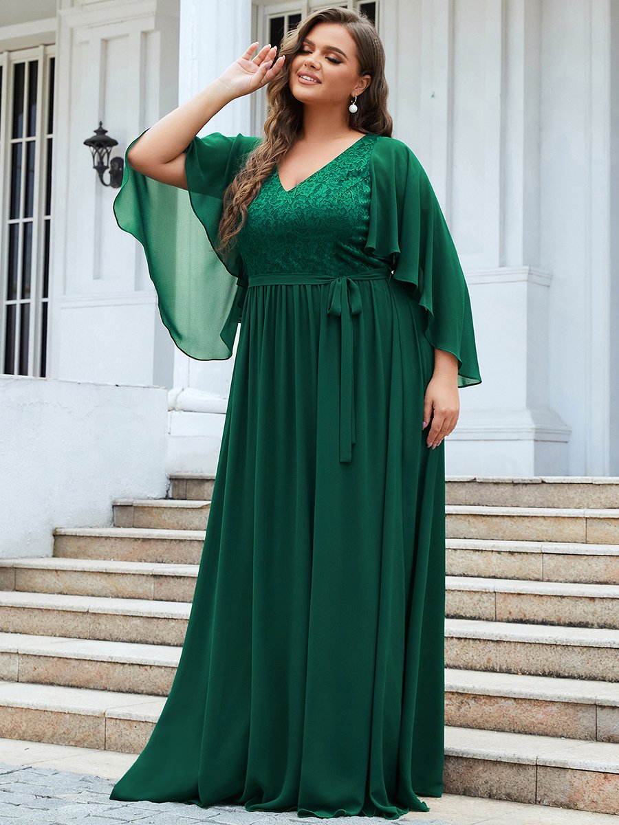 Color=Dark Green | Women'S Wholesale Deep V Neck Plus Size Evening Dress With Lace-Dark Green 4