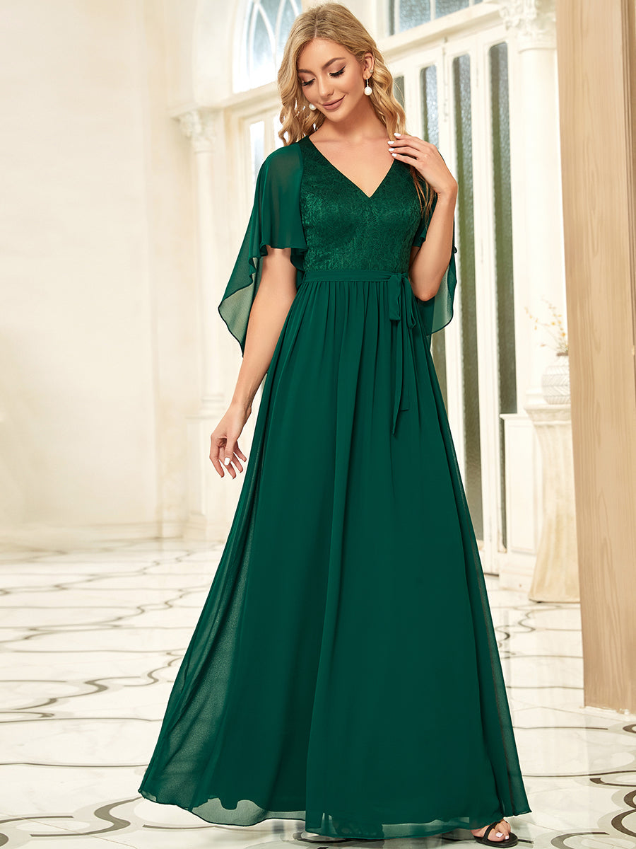 Color=Dark Green | Women'S Wholesale Deep V Neck Plus Size Evening Dress With Lace-Dark Green 1