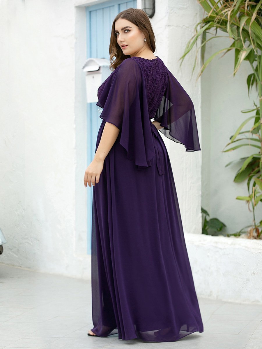Color=Dark Purple | Women'S Wholesale Deep V Neck Plus Size Evening Dress With Lace-Dark Purple 2