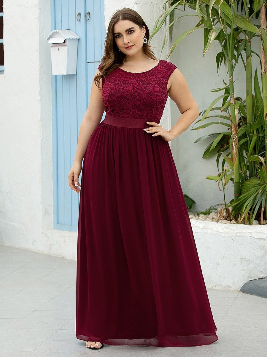 Color=Burgundy | Wholesale Plus Size Fahion Bridesmaid Dresses With Lace-Burgundy 1