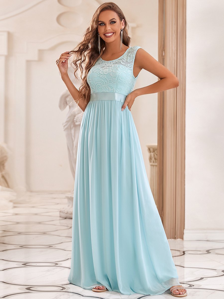 Color=Sky Blue | Wholesale Fahion Bridesmaid Dresses With Lace-Sky Blue 4