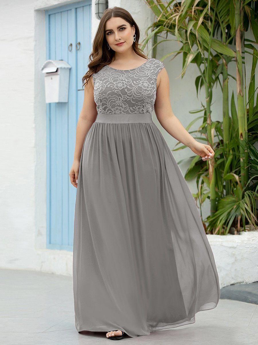 Color=Grey | Wholesale Plus Size Fahion Bridesmaid Dresses With Lace-Grey 3