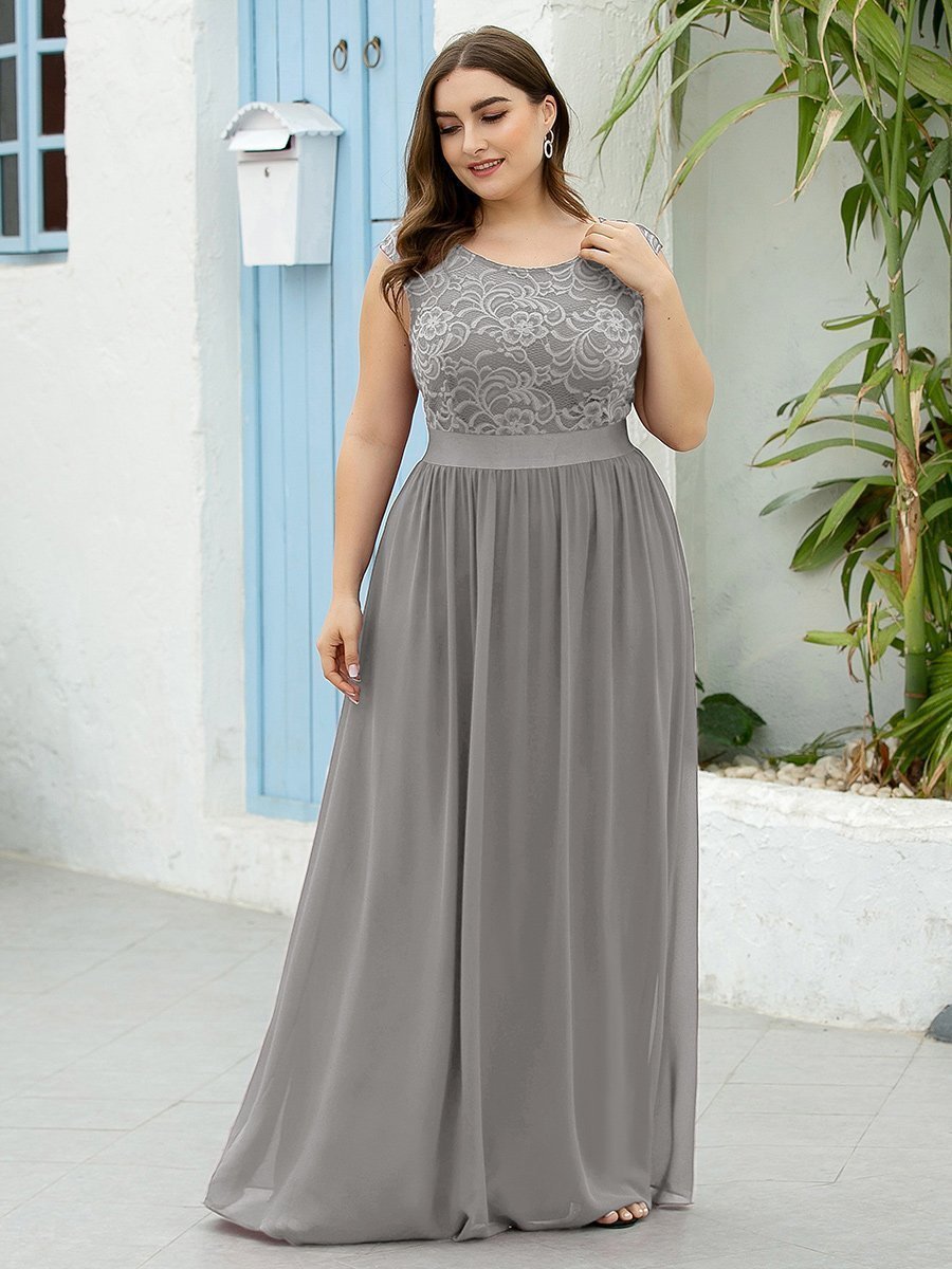 Color=Grey | Wholesale Plus Size Fahion Bridesmaid Dresses With Lace-Grey 4