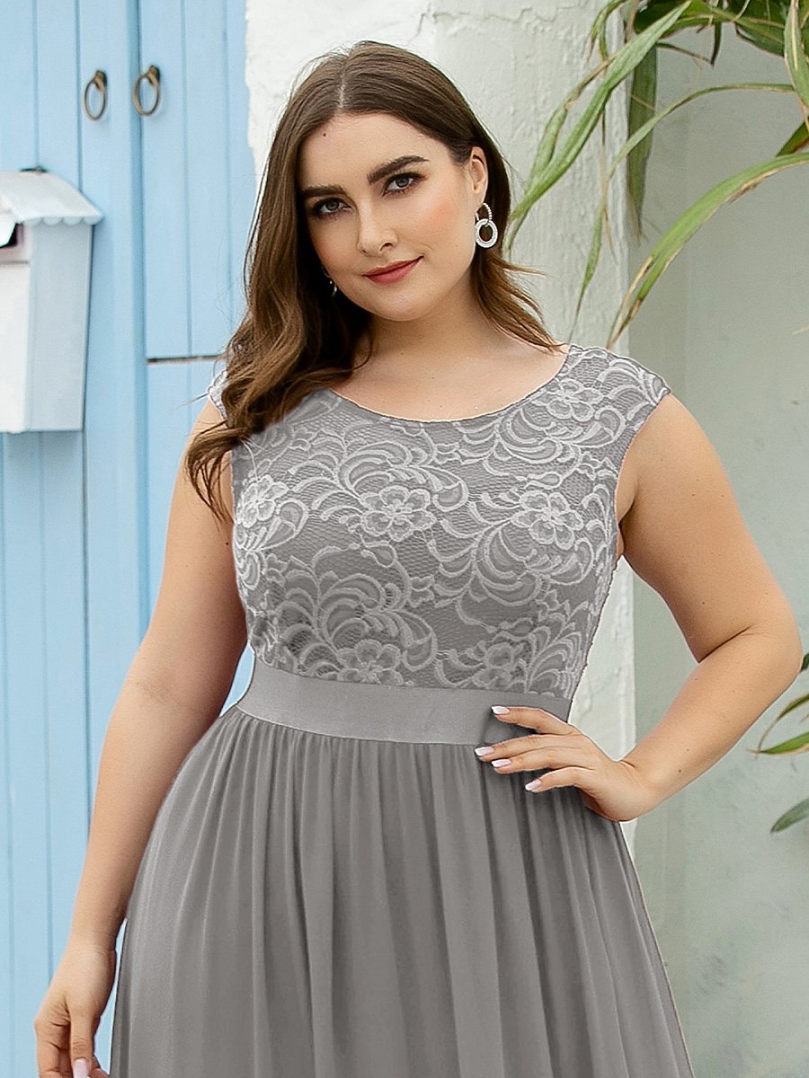 Color=Grey | Wholesale Plus Size Fahion Bridesmaid Dresses With Lace-Grey 5