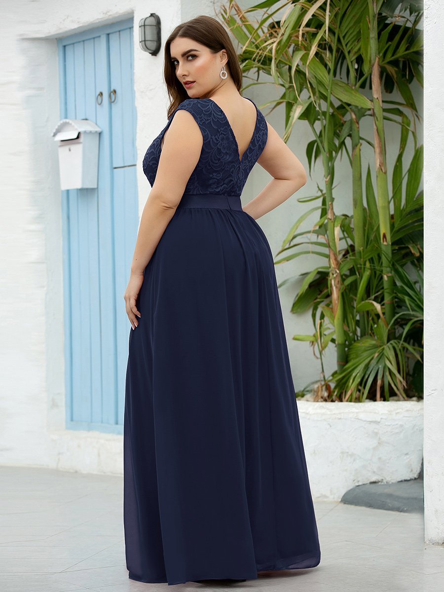 Color=Navy Blue | Wholesale Plus Size Fahion Bridesmaid Dresses With Lace-Navy Blue 2