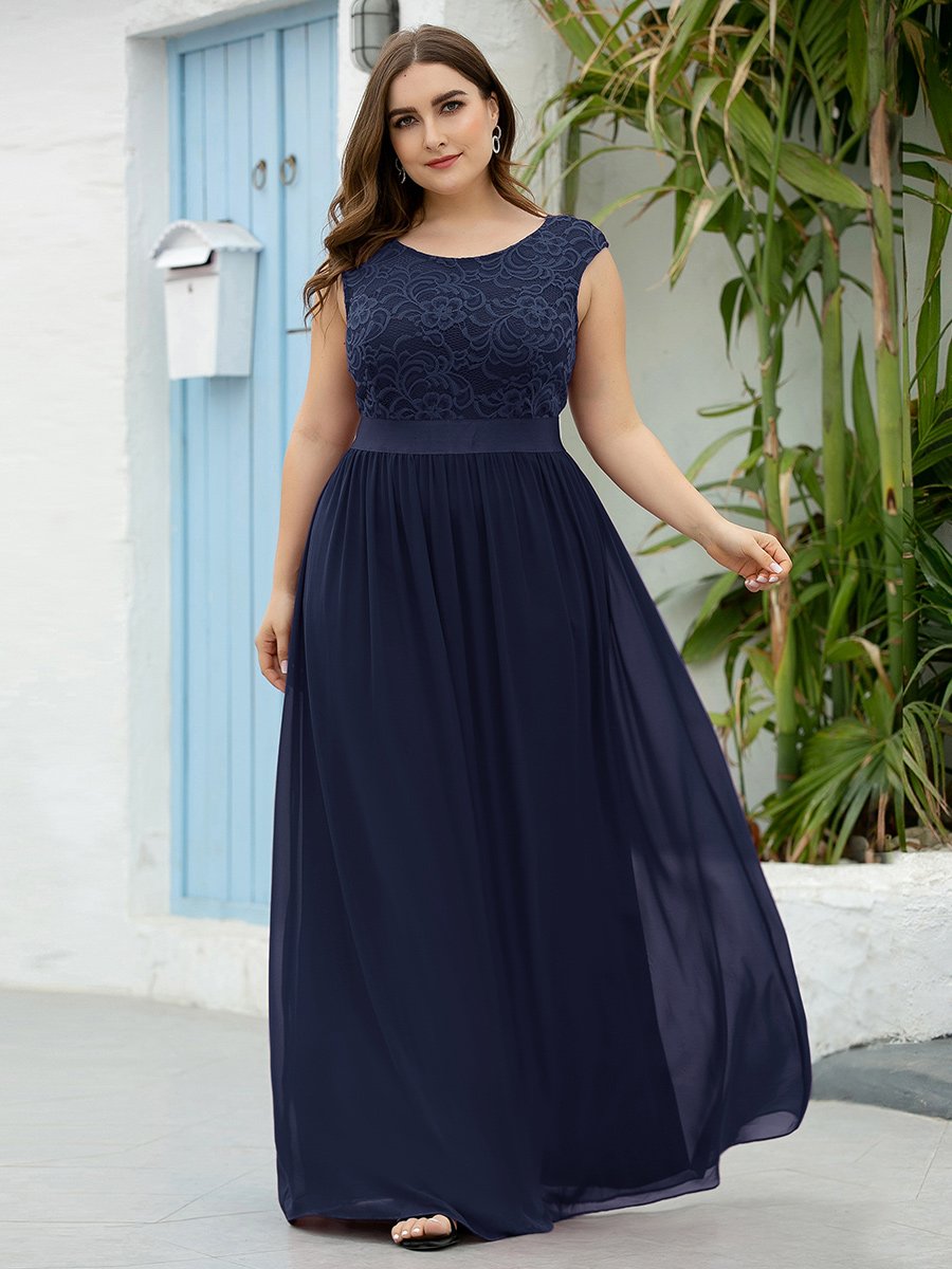 Color=Navy Blue | Wholesale Plus Size Fahion Bridesmaid Dresses With Lace-Navy Blue 3