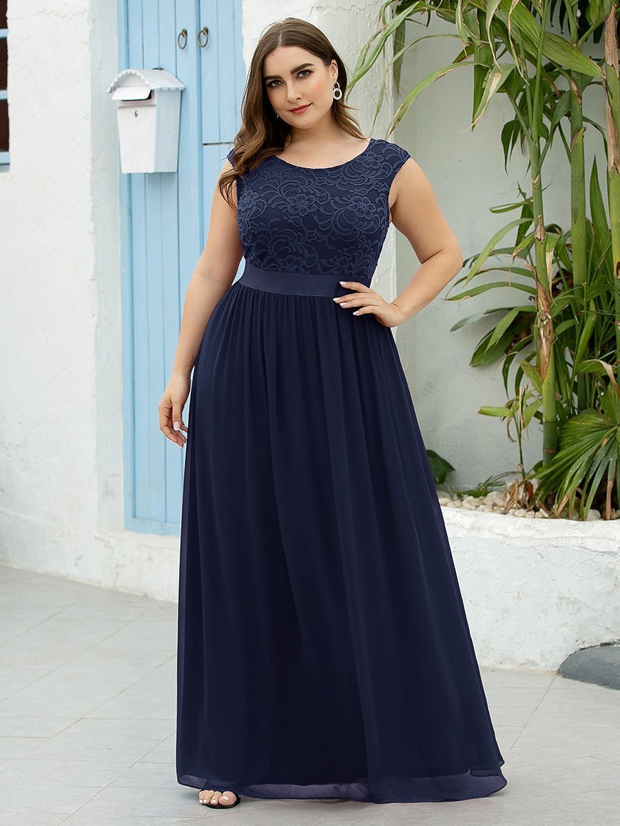 Color=Navy Blue | Wholesale Plus Size Fahion Bridesmaid Dresses With Lace-Navy Blue 1