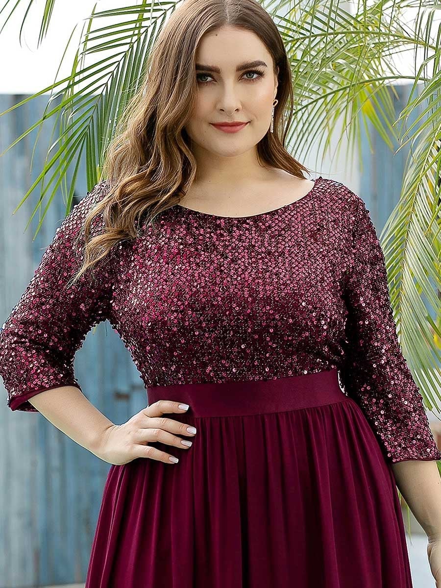 Color=Burgundy | Elegant Round Neckline 3/4 Sleeve Sequins Patchwork Evening Dress-Burgundy 5