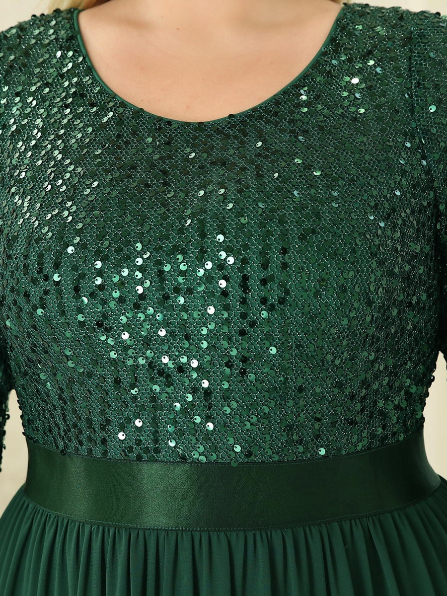 Color=Dark Green | Elegant Round Neckline 3/4 Sleeve Sequins Patchwork Evening Dress-Dark Green 5
