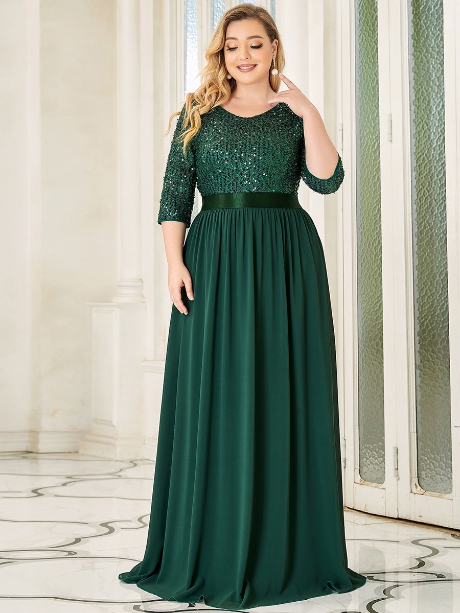 Color=Dark Green | Elegant Round Neckline 3/4 Sleeve Sequins Patchwork Evening Dress-Dark Green 1