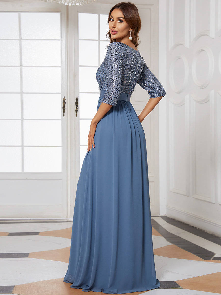 Color=Dusty Blue | Elegant Round Neckline 3/4 Sleeve Sequins Patchwork Evening Dress-Dusty Blue 2