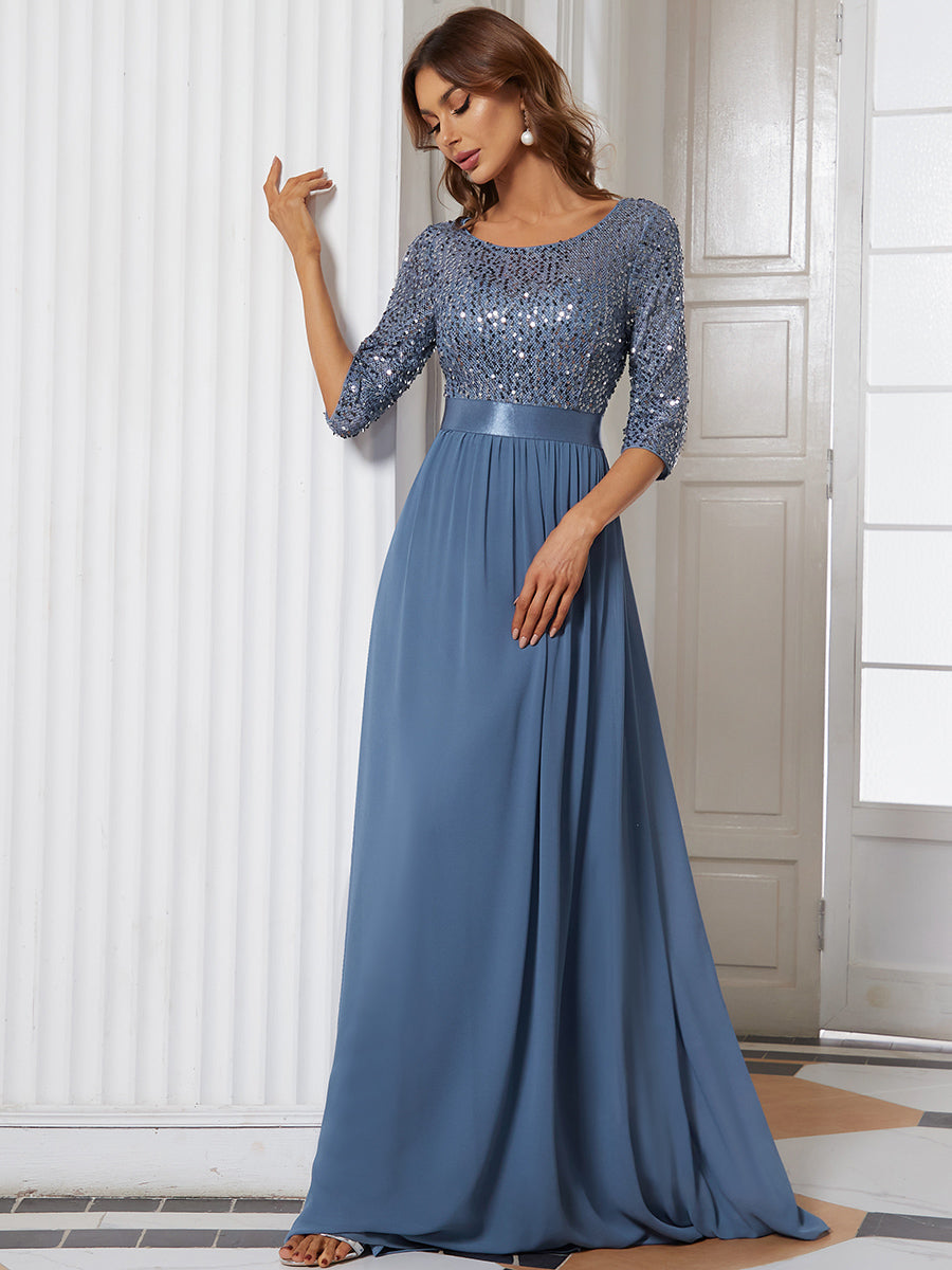 Color=Dusty Blue | Elegant Round Neckline 3/4 Sleeve Sequins Patchwork Evening Dress-Dusty Blue 3