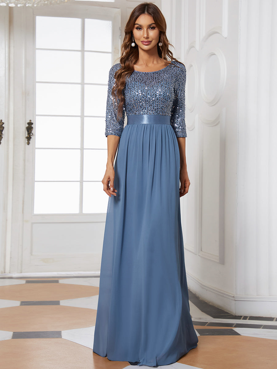 Color=Dusty Navy | Elegant Round Neckline 3/4 Sleeve Sequins Patchwork Evening Dress-Dusty Navy 1
