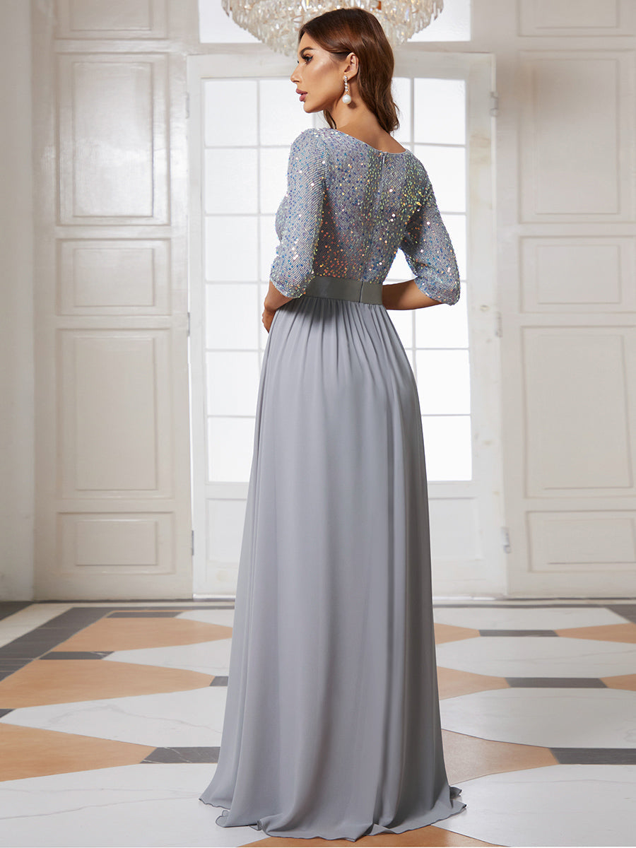 Color=Silver | Elegant Round Neckline 3/4 Sleeve Sequins Patchwork Evening Dress-Silver 2