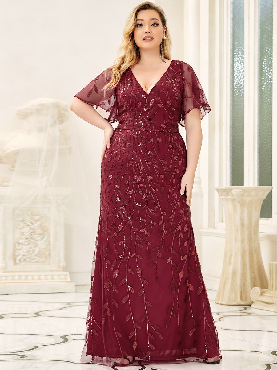 Color=Burgundy | Fashion Plus Size V Neck Mermaid Wholesale Sequin & Tulle Dress-Burgundy 1
