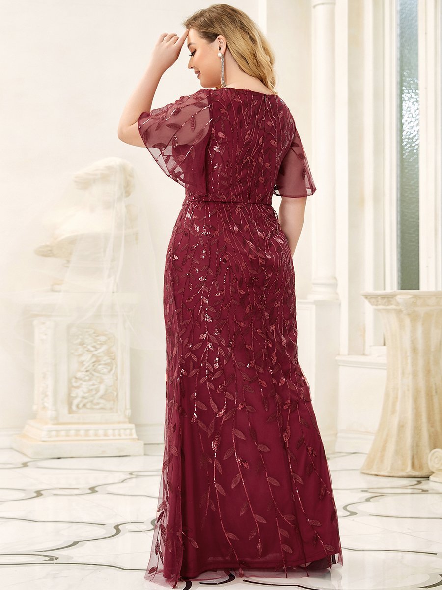 Color=Burgundy | Fashion Plus Size V Neck Mermaid Wholesale Sequin & Tulle Dress-Burgundy 2