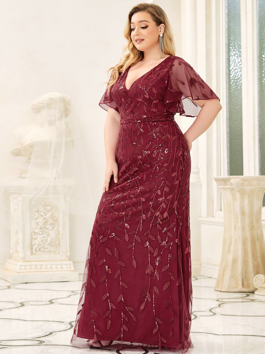 Color=Burgundy | Fashion Plus Size V Neck Mermaid Wholesale Sequin & Tulle Dress-Burgundy 3