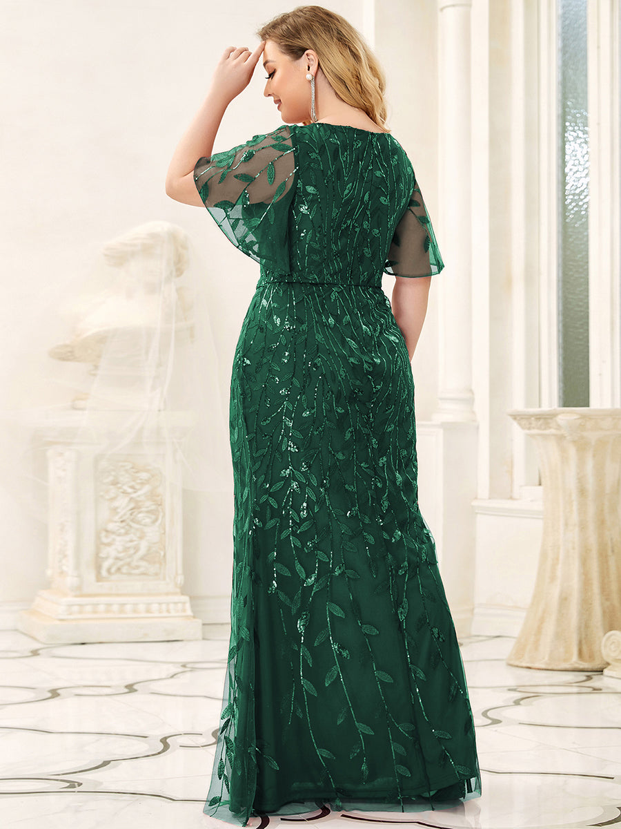 Color=Dark Green | Fashion Plus Size V Neck Mermaid Wholesale Sequin & Tulle Dress-Dark Green 2