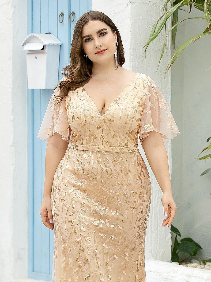 Color=Gold | Fashion Plus Size V Neck Mermaid Wholesale Sequin & Tulle Dress-Gold 5