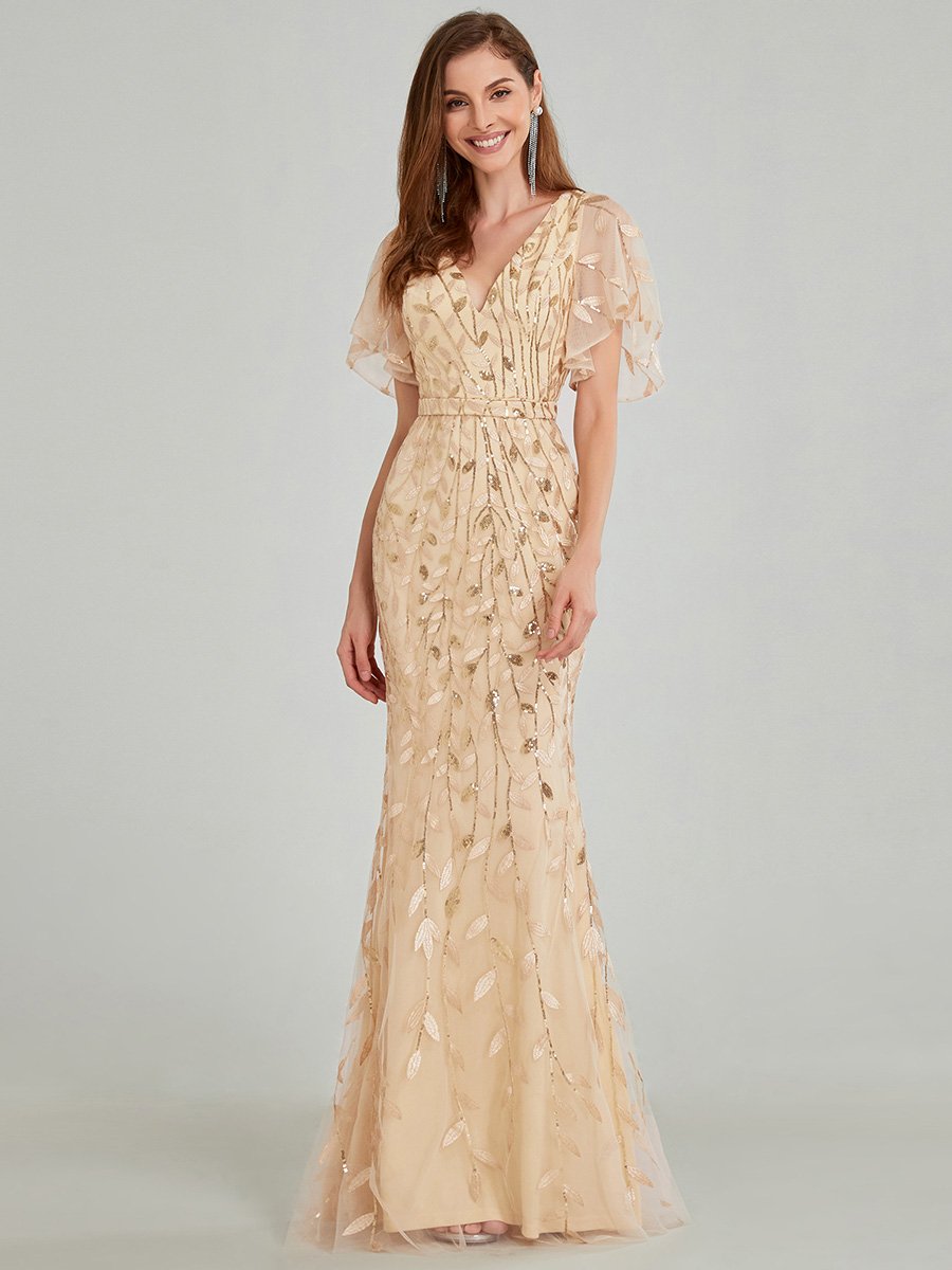 Color=Gold | Gorgeous V Neck Leaf-Sequined Fishtail Wholesale Party Dress-Gold 6