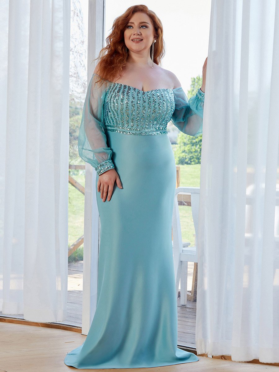 Color=Dusty blue | Plus Size Cool See-Through Sleeves Wholesale Dresses-Dusty blue 3