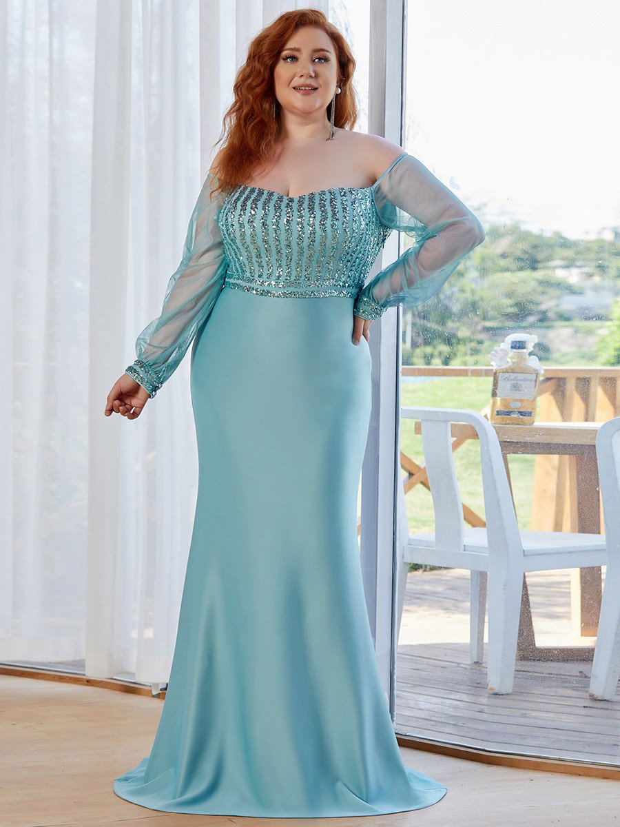 Color=Dusty blue | Plus Size Cool See-Through Sleeves Wholesale Dresses-Dusty blue 1
