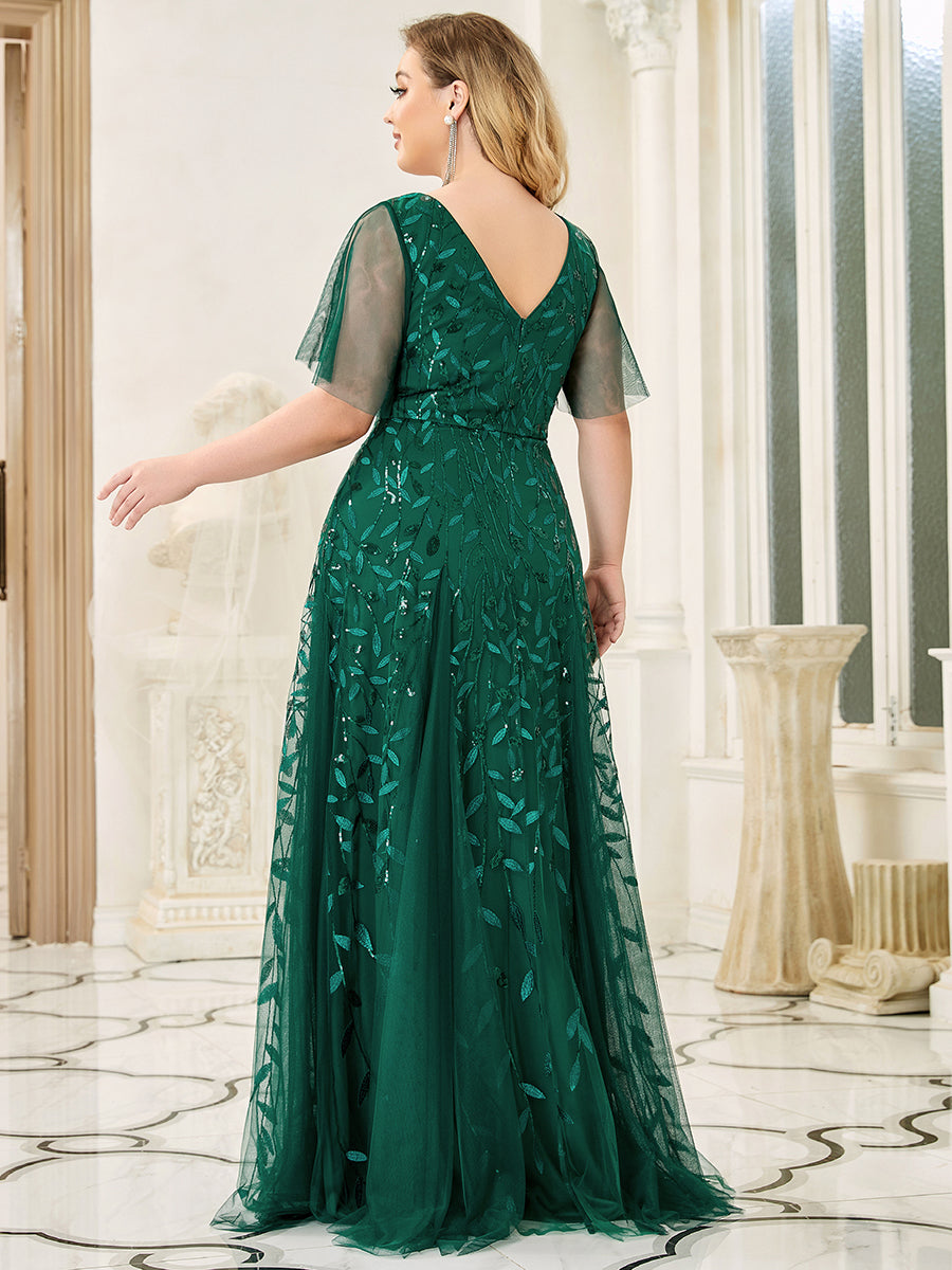 Color=Dark Green | Romantic Shimmery Plus Size Ruffle Sleeves Maxi Long Evening Gowns-Dark Green 4