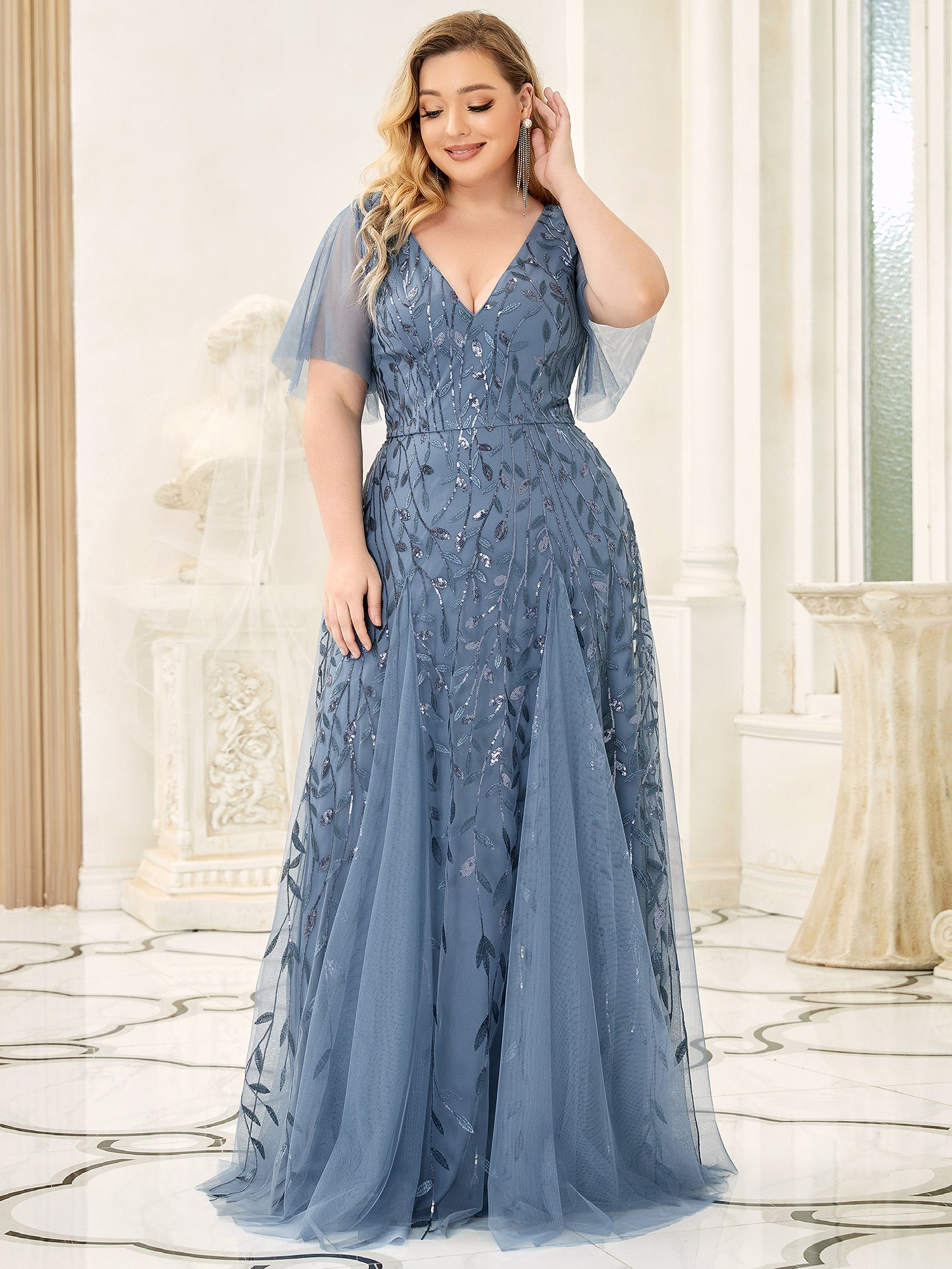 Color=Dusty Navy | Romantic Shimmery Plus Size Ruffle Sleeves Maxi Long Evening Gowns-Dusty Navy 2
