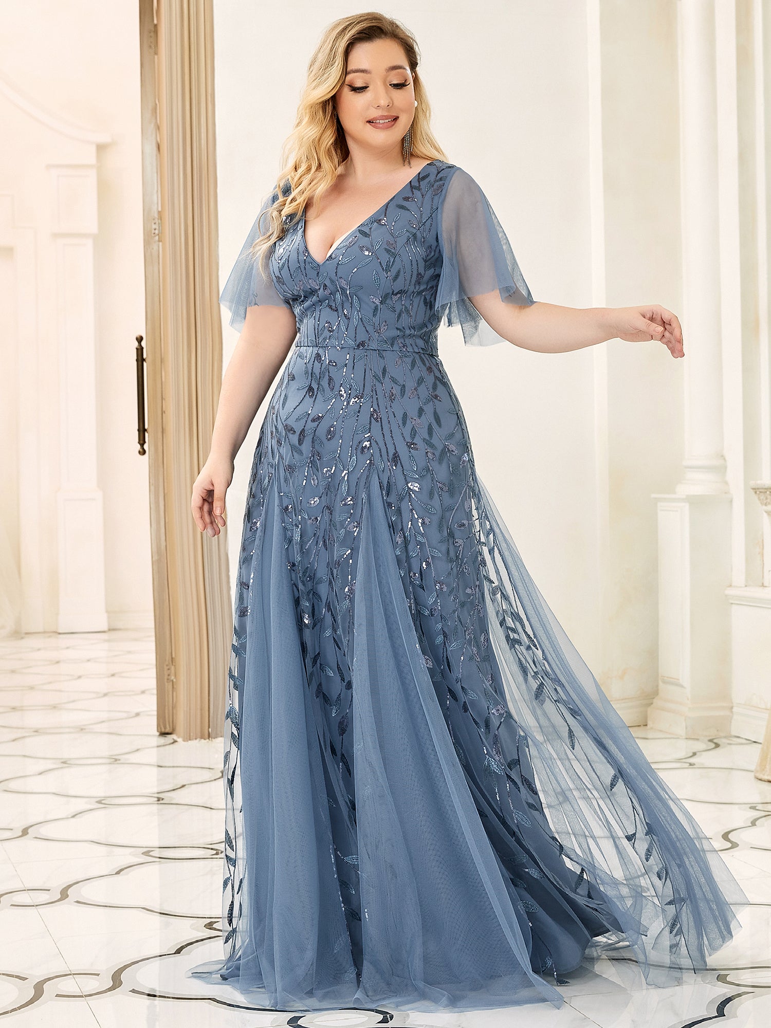 Color=Dusty Navy | Romantic Shimmery Plus Size Ruffle Sleeves Maxi Long Evening Gowns-Dusty Navy 3
