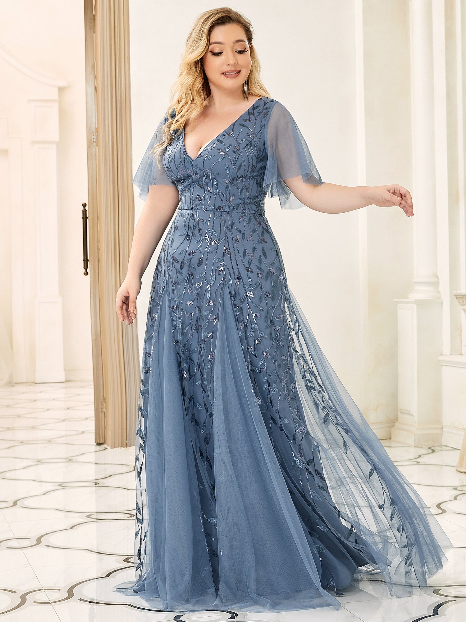 Color=Dusty Blue | Romantic Shimmery Plus Size Ruffle Sleeves Maxi Long Evening Gowns-Dusty Blue 3