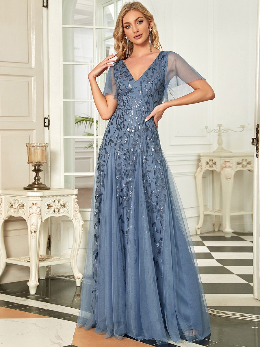 Color=Dusty Blue | Glamorous Short Ruffle Sleeves A Line Wholesale Dresses-Dusty Blue 1