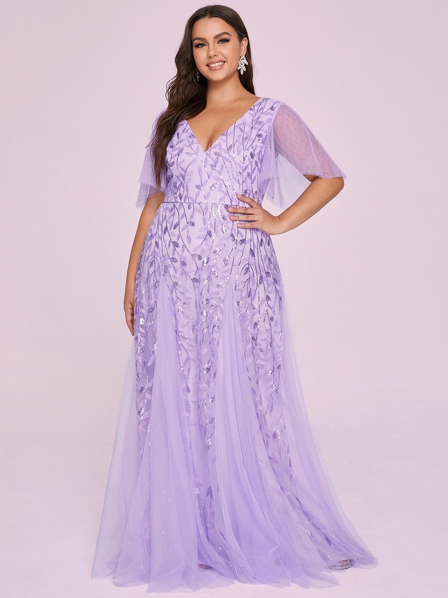 Color=Lavender | Romantic Shimmery Plus Size Ruffle Sleeves Maxi Long Evening Gowns-Lavender 8