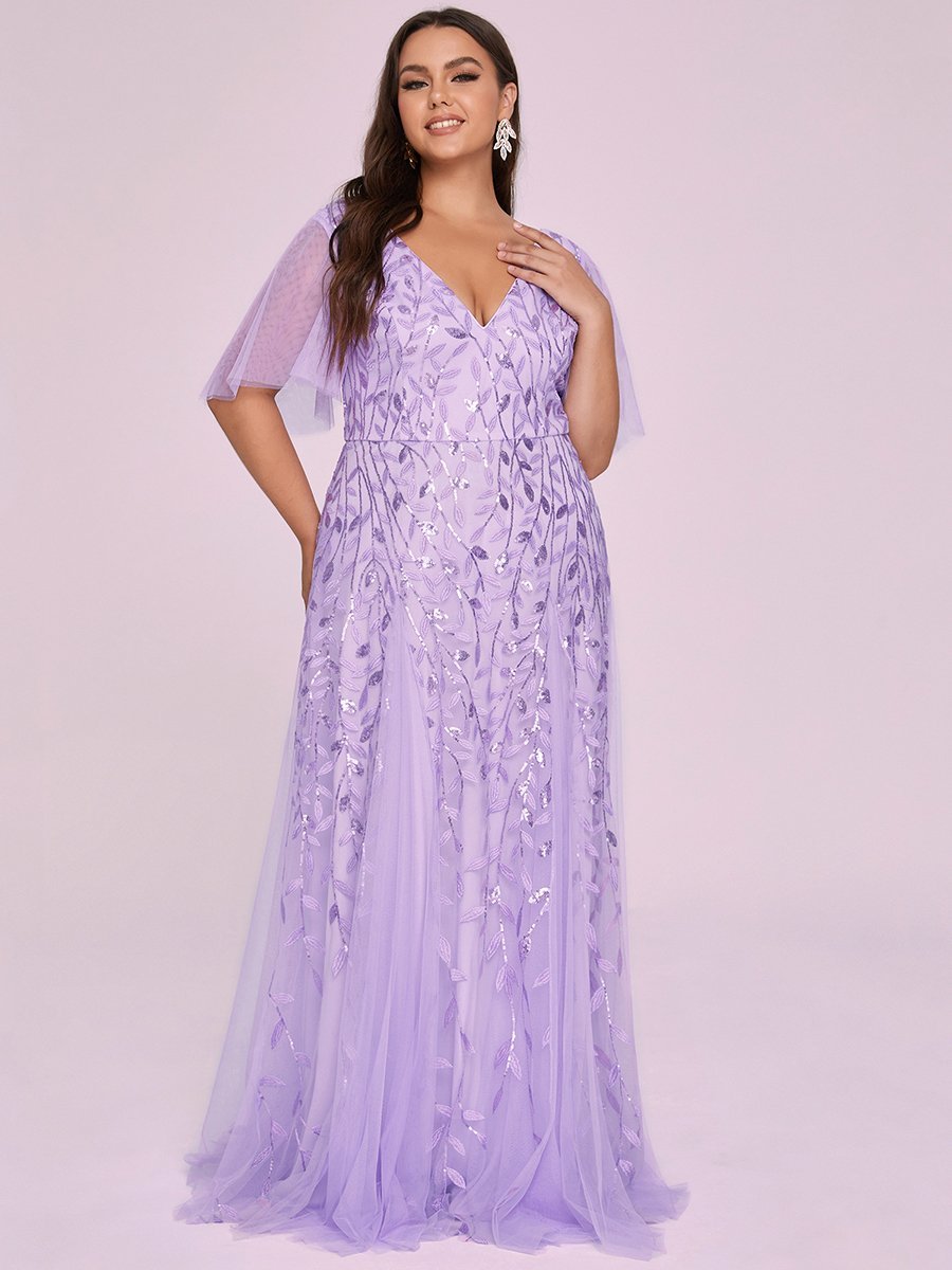 Color=Lavender | Romantic Shimmery Plus Size Ruffle Sleeves Maxi Long Evening Gowns-Lavender 9