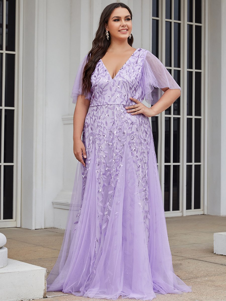Color=Lavender | Romantic Shimmery Plus Size Ruffle Sleeves Maxi Long Evening Gowns-Lavender 1