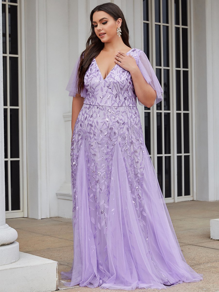 Color=Lavender | Romantic Shimmery Plus Size Ruffle Sleeves Maxi Long Evening Gowns-Lavender 4