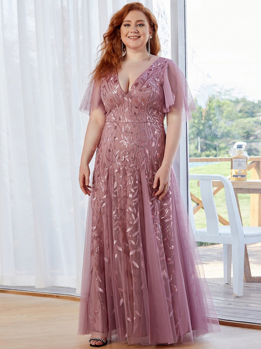 Color=Orchid | Romantic Shimmery Plus Size Ruffle Sleeves Maxi Long Evening Gowns-Orchid 1