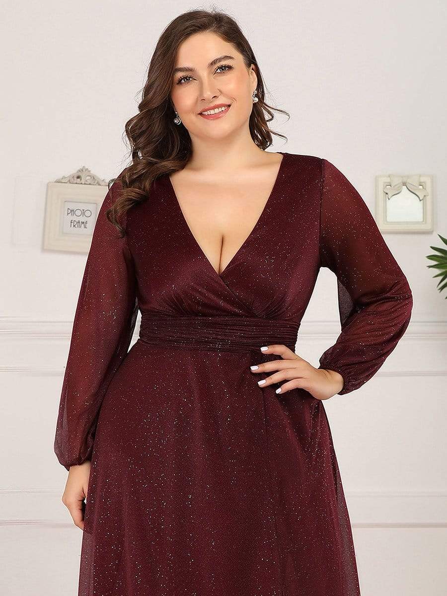 Color=Burgundy | Plus Size Women'S Sexy V-Neck Long Sleeve Evening Dresses Ep00739-Burgundy 6
