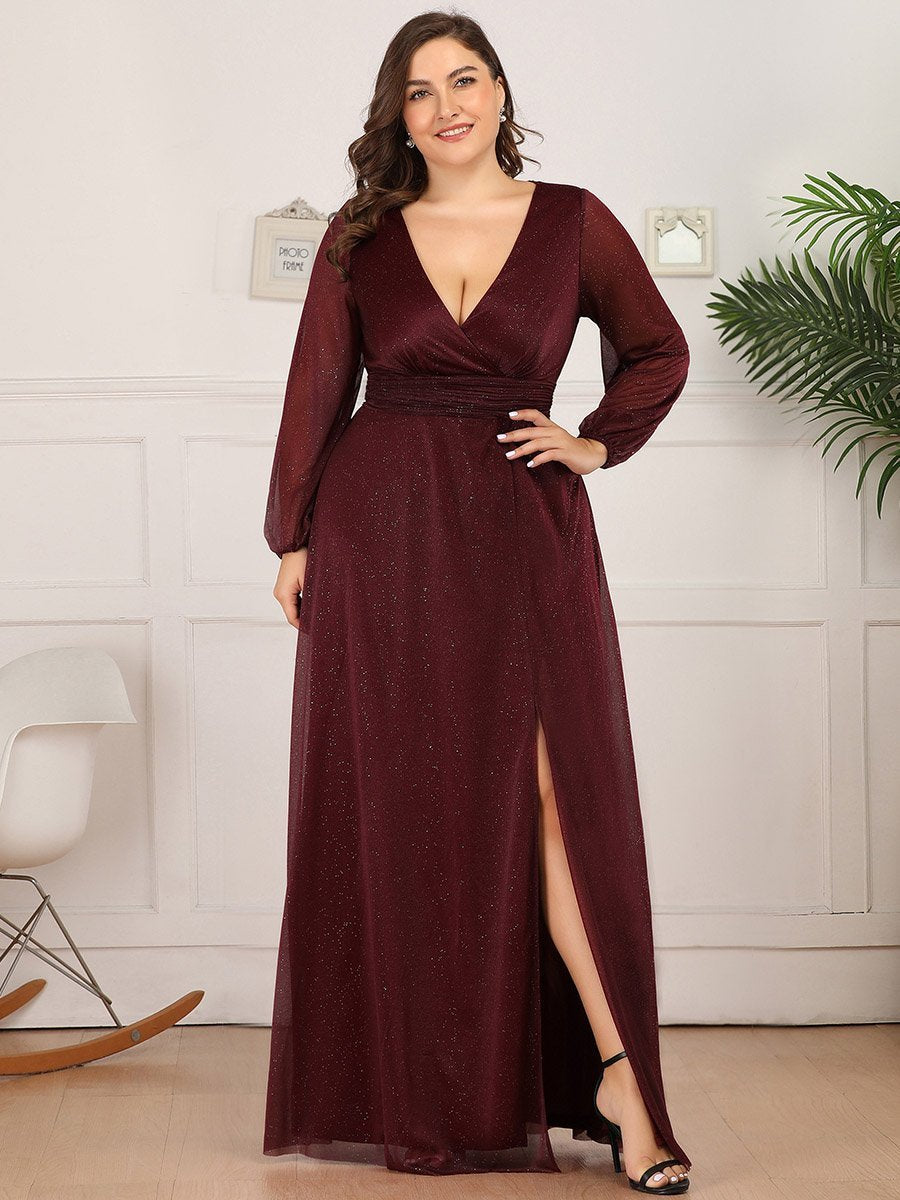 Color=Burgundy | Plus Size Women'S Sexy V-Neck Long Sleeve Evening Dresses Ep00739-Burgundy 1