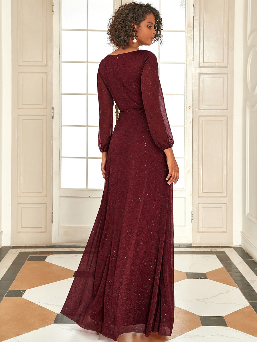 Color=Burgundy | Women'S Sexy V-Neck Long Sleeve Evening Dress-Burgundy 2
