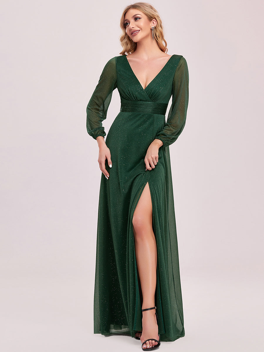 Color=Dark Green | Women'S Sexy V-Neck Long Sleeve Evening Dress-Dark Green 6