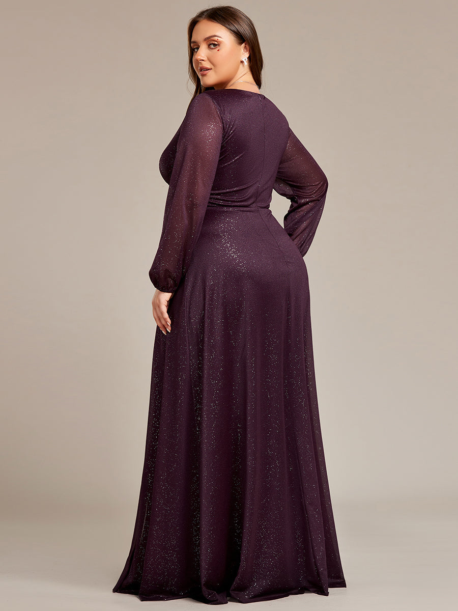 Color=Dark Purple | Plus Shiny Deep V Neck Wholesale Evening Gown With Short Sleeves-Dark Purple 2
