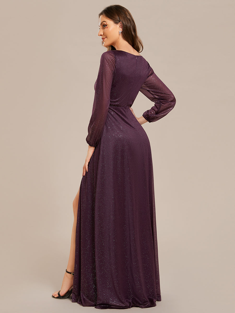 Color=Dark Purple | Shiny Deep V Neck Wholesale Evening Gown With Short Sleeves-Dark Purple 2
