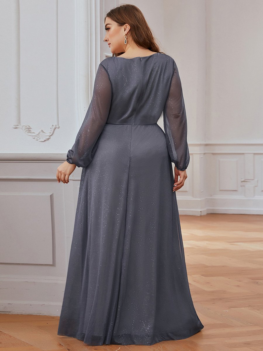 Color=Grey | Women'S Sexy V-Neck Long Sleeve Evening Dress-Grey 2