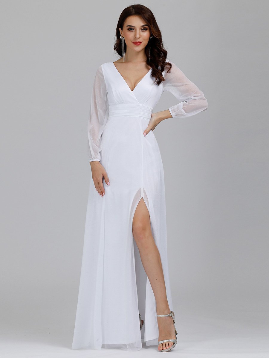 Color=White | Women'S Sexy V-Neck Long Sleeve Evening Dress-White 4