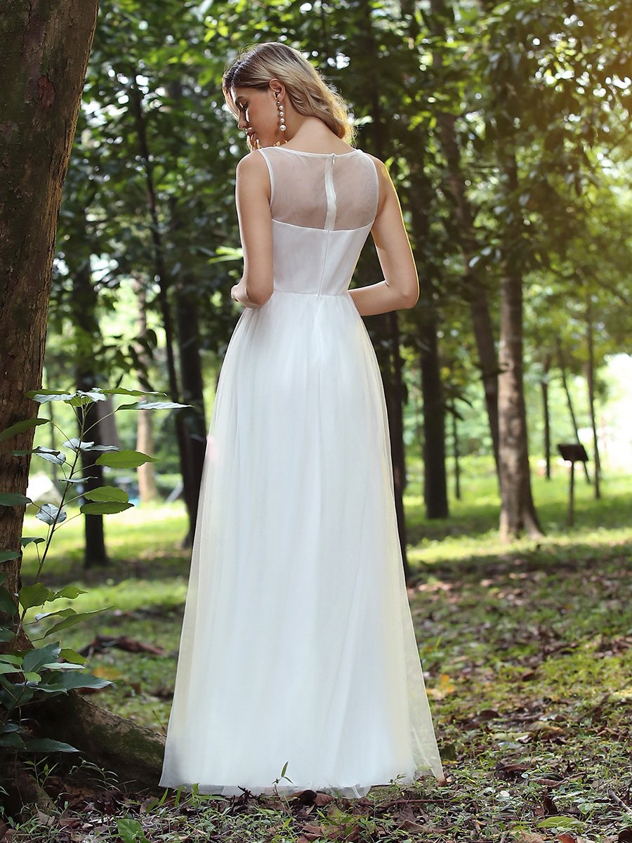 Color=Cream | Elegant Round Neck Tulle Applique Bridesmaid Dress-Cream 3