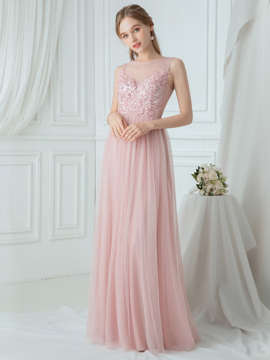 Color=Pink | Elegant Round Neck Tulle Applique Bridesmaid Dress Ep00748-Pink 1