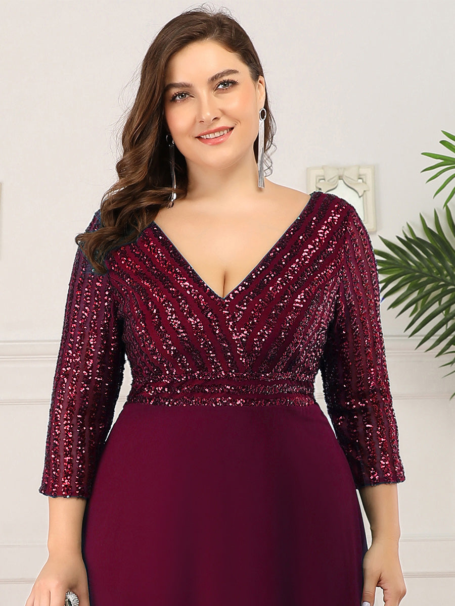 Color=Burgundy | Sexy V Neck A-Line Pretty Sequin Evening Dress-Burgundy 5