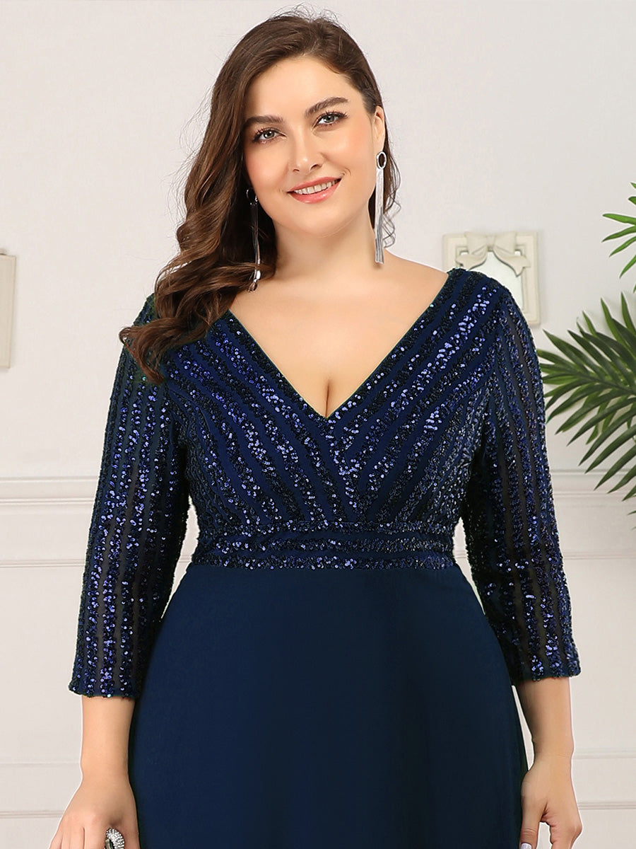 Color=Navy Blue | Sexy V Neck A-Line Pretty Sequin Evening Dress-Navy Blue 5
