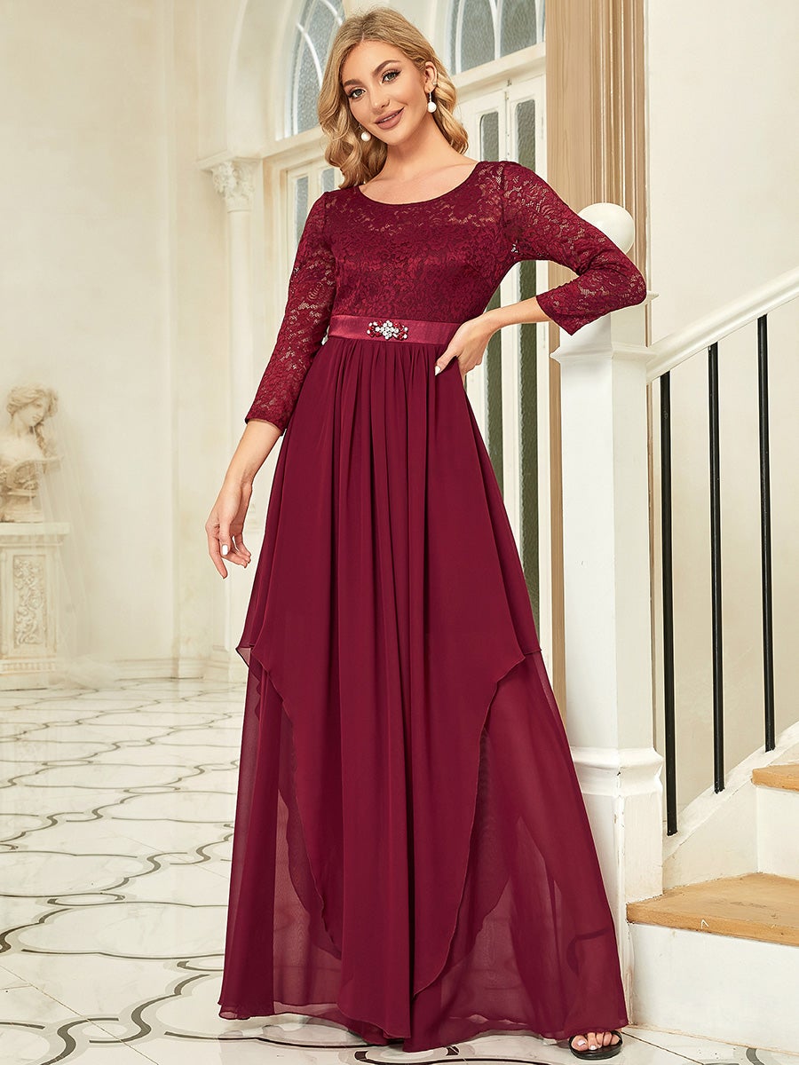 Color=Burgundy | Classic Floal Lace Long Sleeve Wholesale Bridesmaid Dress-Burgundy 1