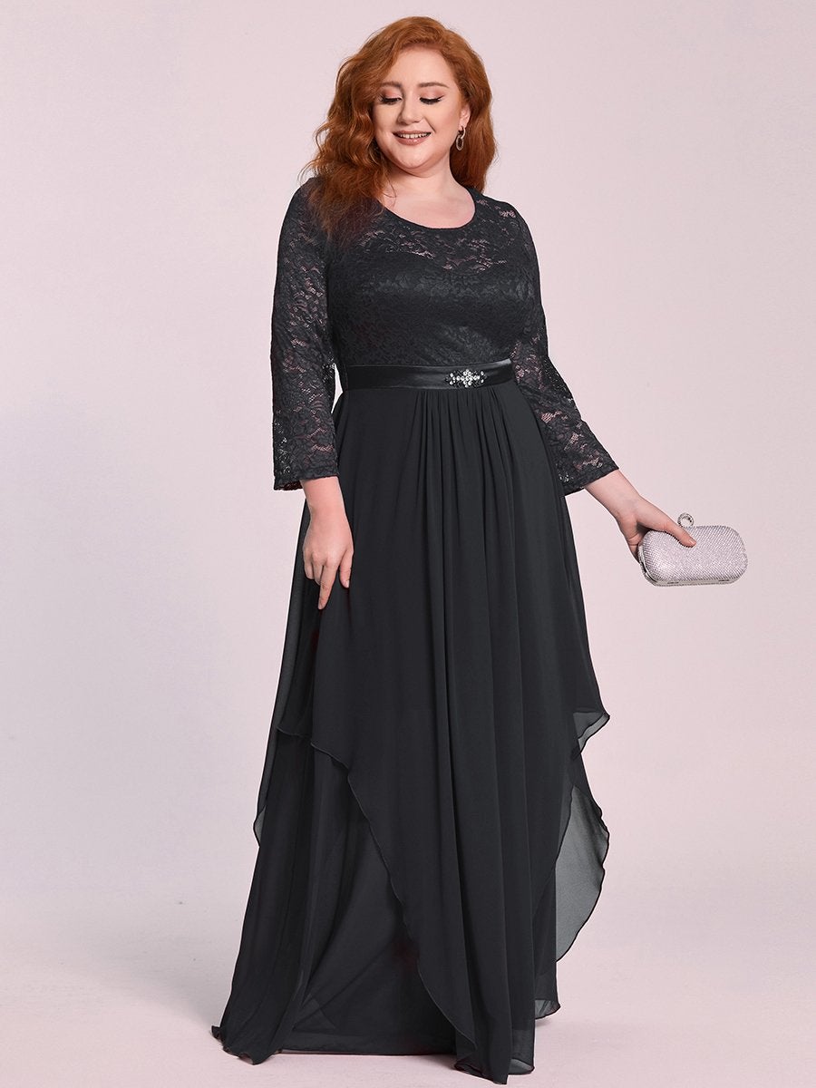 Color=Black | Classic Floal Lace Long Sleeve Wholesale Bridesmaid Dress-Black 3